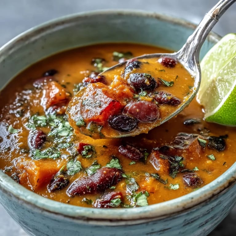Close-up of creamy Sweet Potato and Black Bean Soup in a rustic bowl topped with sliced avocado.