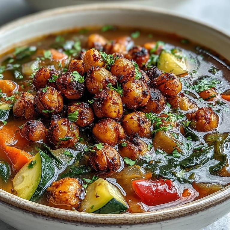 A pot of simmering Spiced Chickpea and Vegetable Soup with kale and carrots in a rich tomato broth.