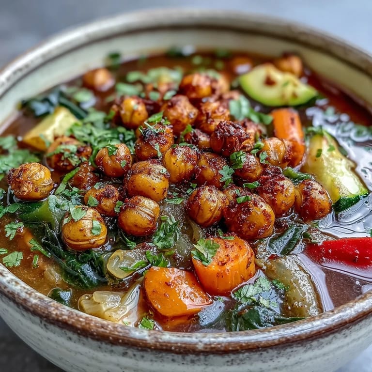 Golden roasted chickpeas and vibrant diced vegetables in a warm, aromatic Spiced Chickpea and Vegetable Soup.
