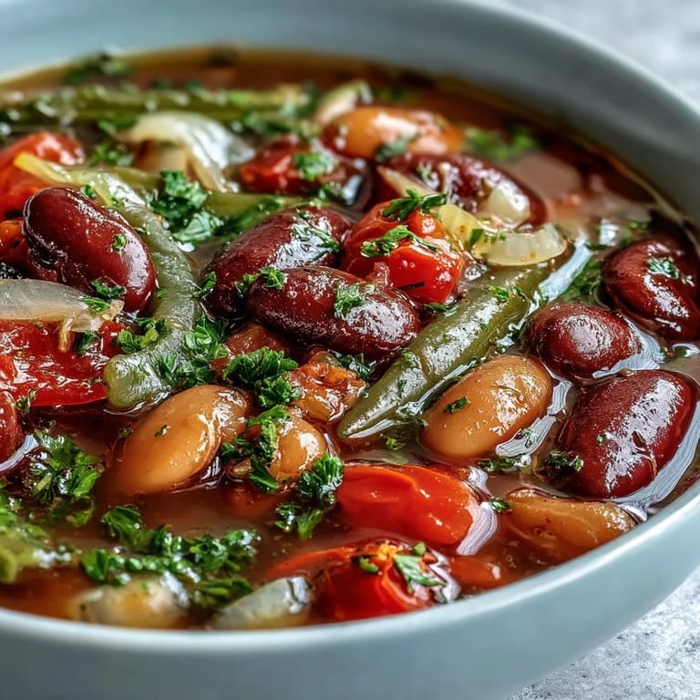 A close-up of Three-Bean Salad Soup, highlighting the rich, tangy broth and vibrant mix of beans and vegetables, served alongside crusty bread for dipping.