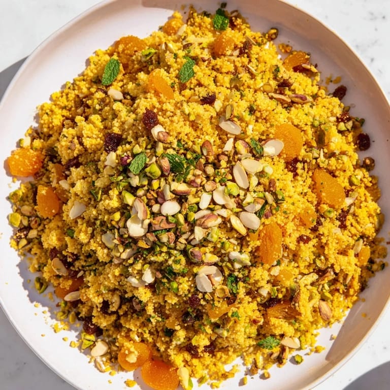 Fluffy couscous pilaf, speckled with fresh parsley and mint, alongside crunchy toasted almonds and pistachios, served with bright lemon wedges for a zesty finish.