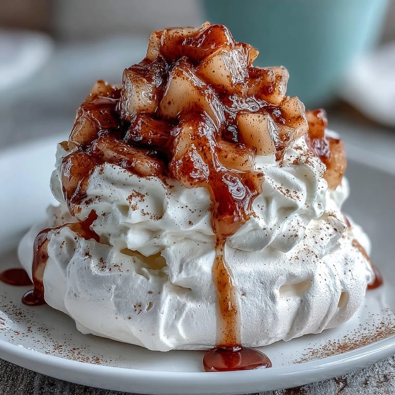Close-up of Mini Hot Toddy Pavlovas showing airy meringue texture, diced spiced pears, and a dusting of cinnamon garnish.