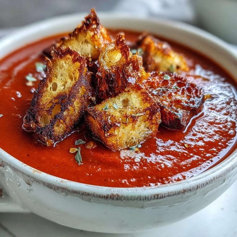 Roasted Red Pepper Soup served with crispy croutons on top, a comforting vegetarian Mediterranean meal for a cold day.