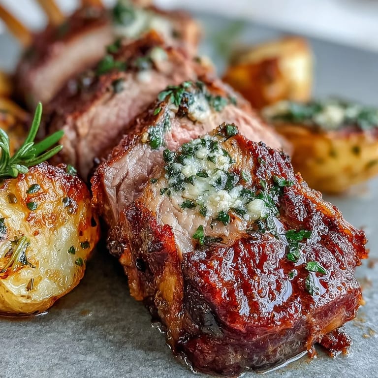 Elegant One-Pan Roast Rack of Lamb plated for two, with succulent chops, rustic olive potatoes, and a sprinkle of fresh parsley.
