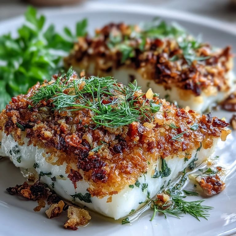Tender Baked Halibut With Fennel, Lemon and Walnut Pangrattato topped with crunchy golden breadcrumbs and chopped walnuts, resting on a bed of roasted fennel in a baking dish.