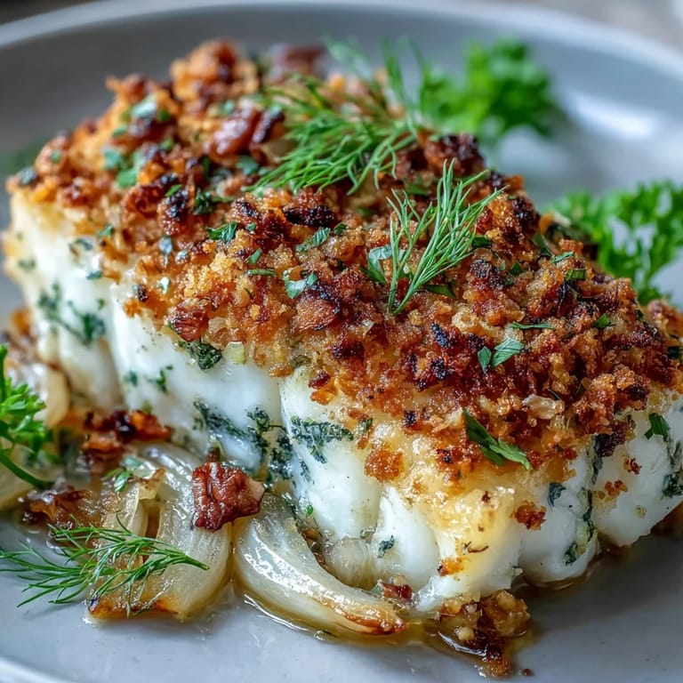 Close-up of Baked Halibut With Fennel, Lemon and Walnut Pangrattato revealing flaky white fish texture, zesty lemon zest, and a flavorful toasted walnut crumb topping.