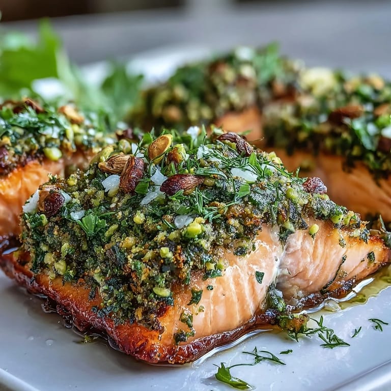 A close-up of Confit Salmon With Tahini, Pistachio and Herb Crust highlighting the vibrant herb crust and sesame aroma.