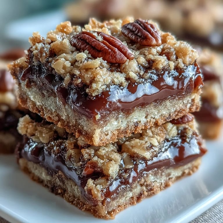A close-up of Decadent Sweet and Chewy Turtle Bars with Chocolate and Caramel shows melted chocolate chips and a buttery crumb topping.