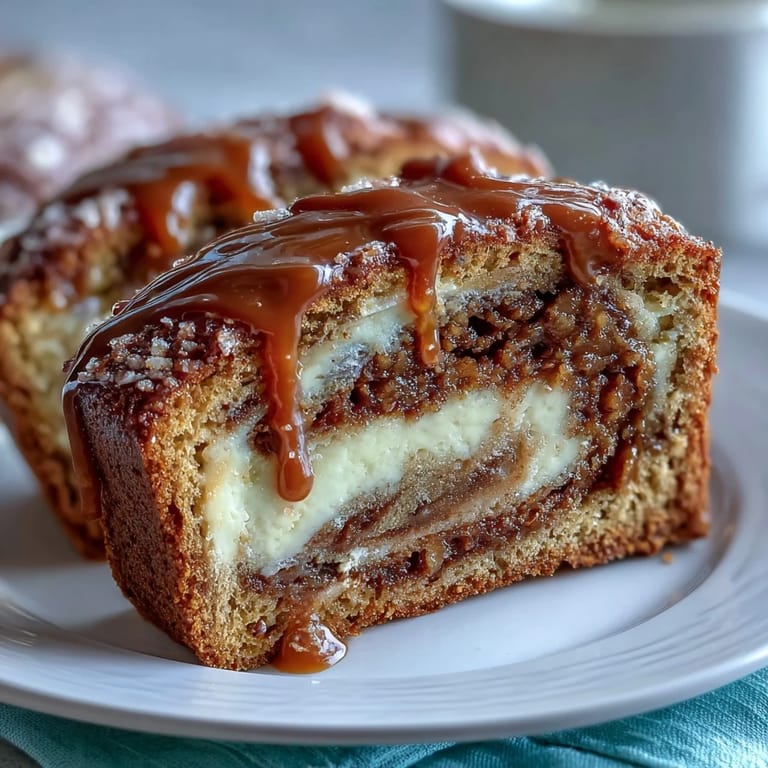 A slice of Caramel Cream Cheese Bread reveals a creamy cheesecake-like center and rich caramel swirl.