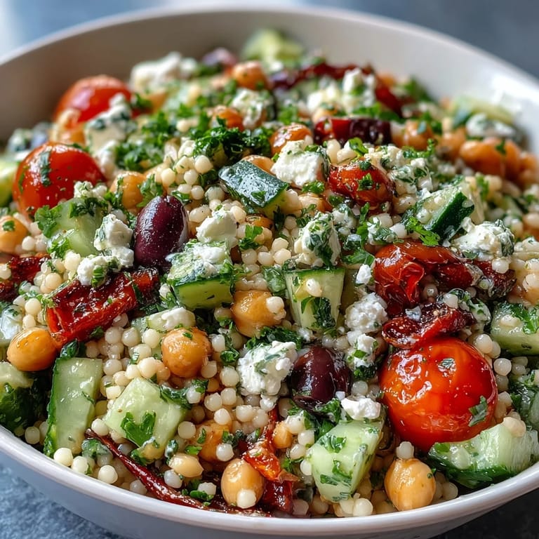 Freshly made Mediterranean Pearl Couscous in a white bowl, showcasing halved cherry tomatoes, red onion, and glistening olive oil dressing.