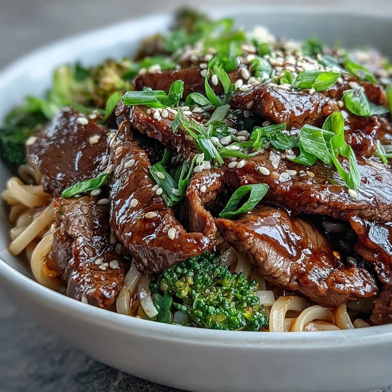Stir-fried Korean Beef Noodles served steaming hot, garnished with green onions and sesame seeds.