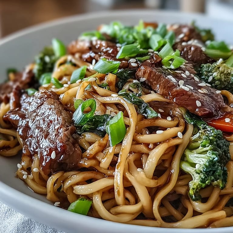 Silky rice noodles tangled with sautéed vegetables and sesame-scented beef for a quick dinner.