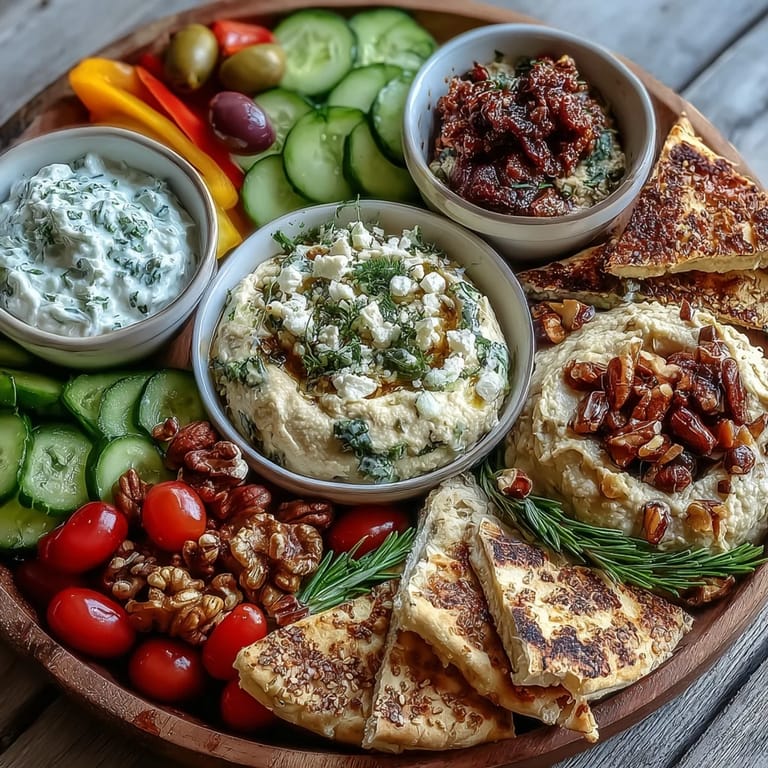 Colorful Mediterranean Brunch Board with Dips and Flatbreads arranged with crisp vegetables, briny olives, and crumbled feta on a rustic wooden platter.