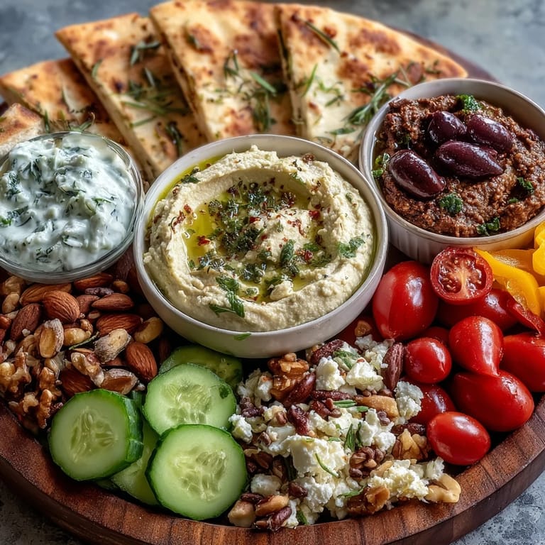 Sliced cucumber, cherry tomatoes, and warm flatbreads surround bowls of tzatziki on this Mediterranean Brunch Board with Dips and Flatbreads.