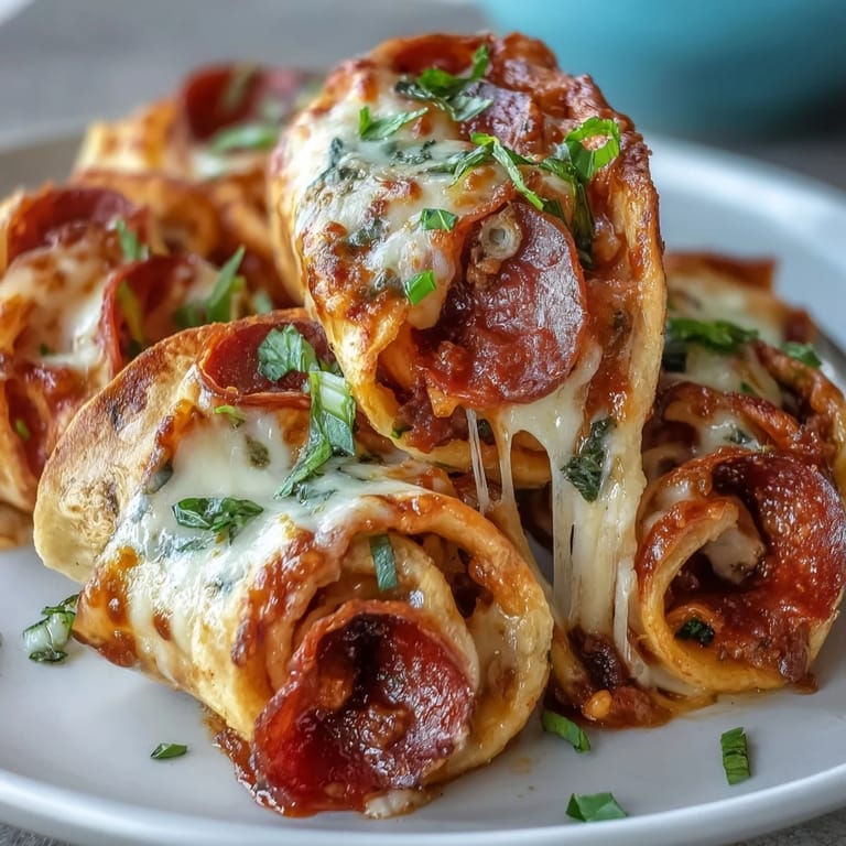 Sliced Tortilla Pizza Rolls show a cheesy pull and zesty tomato sauce inside.