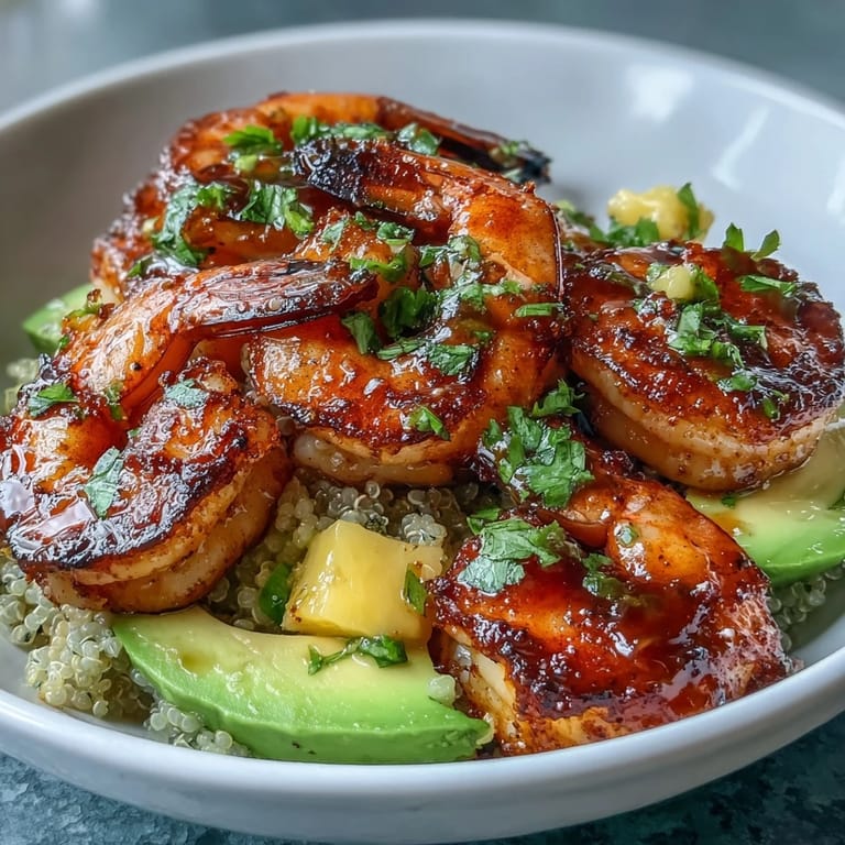 Smoky grilled shrimp and creamy avocado slices rest on nutty quinoa, surrounded by bright mango salsa and fresh cilantro.