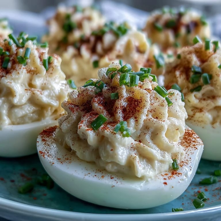 Creamy Million Dollar Deviled Eggs filled with rich yolk, mayonnaise, and cream cheese rest in a halved egg white, ready to serve.