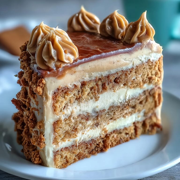 Freshly frosted Decadent Baked Biscoff Cake with Creamy Lotus Frosting sitting on a rustic countertop, garnished with Biscoff crumbles and a sweet caramel drizzle.