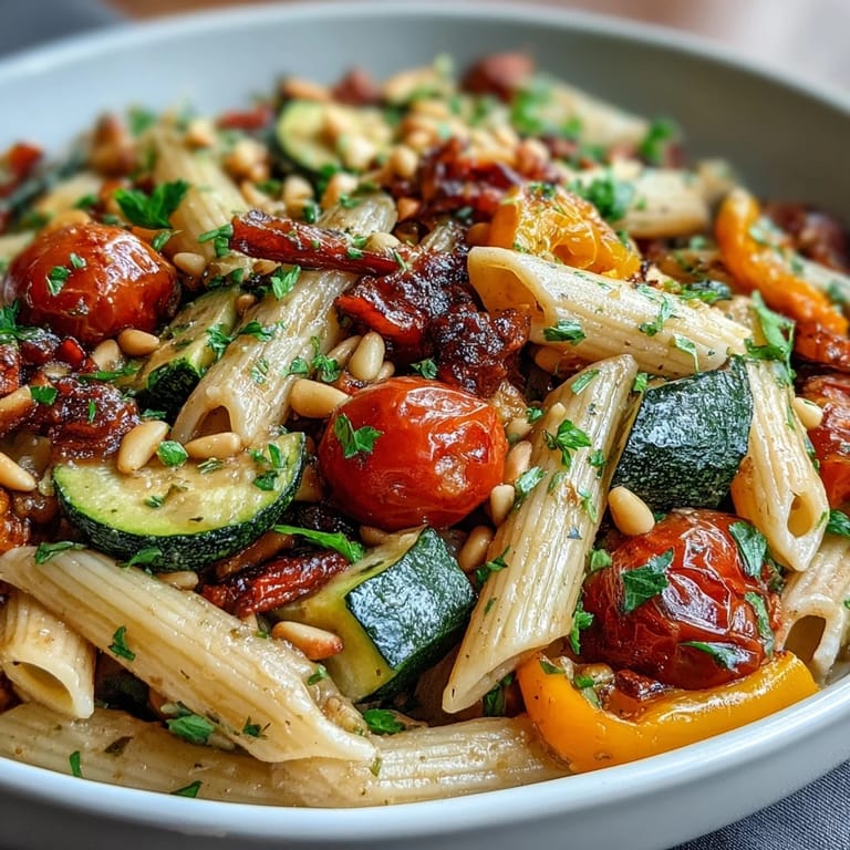 Creamy Whole Wheat Pasta Bowl featuring a protein-rich cannellini bean sauce, tossed with colorful roasted vegetables and a sprinkle of Parmesan.