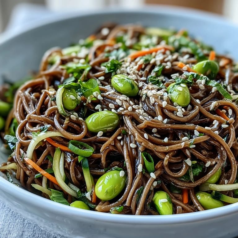 Healthy Soba Noodle Bowl featuring chewy buckwheat noodles, edamame, and a creamy sesame-ginger dressing, served fresh.