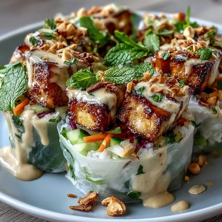 Colorful Rice Paper Roll Bowl filled with jasmine rice, shredded cabbage, fresh herbs, shrimp, and roasted peanuts, drizzled with tangy peanut lime dressing.