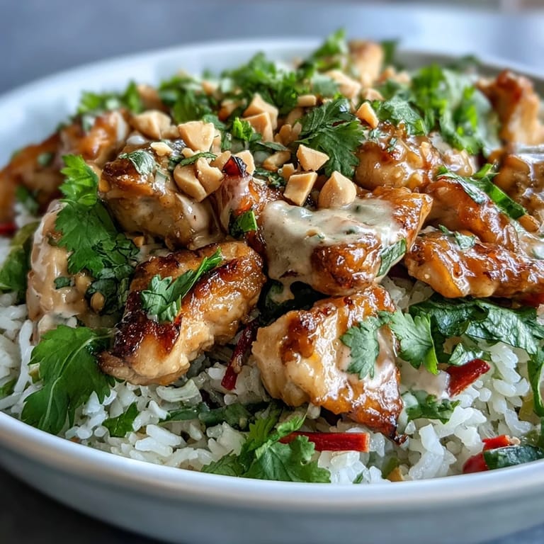 A vibrant Peanut Chicken Protein Bowl shows shredded carrots, purple cabbage, and cilantro beside lime wedges and chopped peanuts on coconut rice.