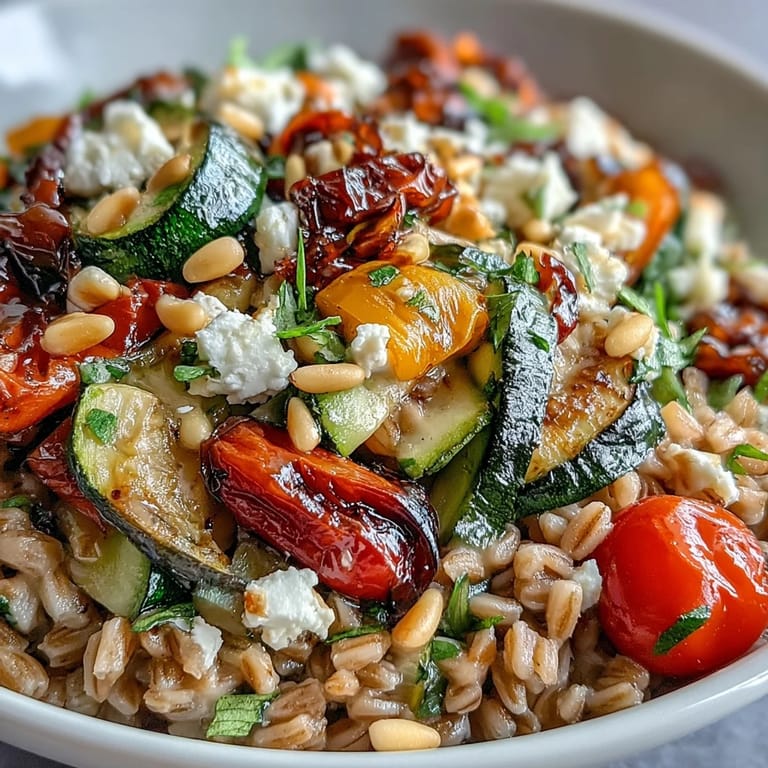 Zesty Farro Pasta Bowl with vibrant bell peppers, zucchini, tomatoes, and fresh parsley for a Mediterranean dinner.