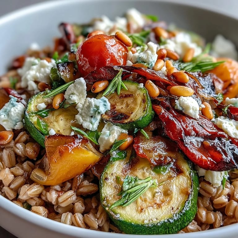 Wholesome Farro Pasta Bowl mixed with baby spinach, toasted pine nuts, and a lemon-olive oil dressing.
