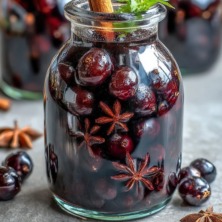 Close-up of a small glass of chilled Homemade Spiced Blackcurrant Vodka Liqueur next to berries and a cocktail shaker.