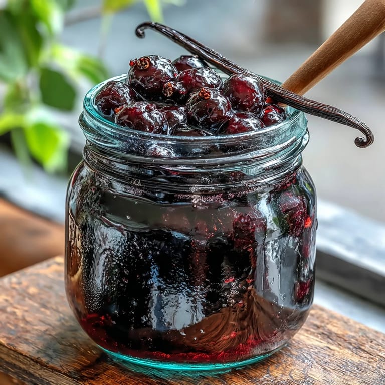 Freshly strained Crème de Cassis in a crystal glass, garnished with blackcurrants and a vanilla bean pod nearby.