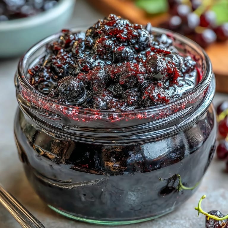 Chilled Easy Blackcurrant Liqueur poured into a rocks glass over large ice cubes, garnished with a fresh blackcurrant sprig.