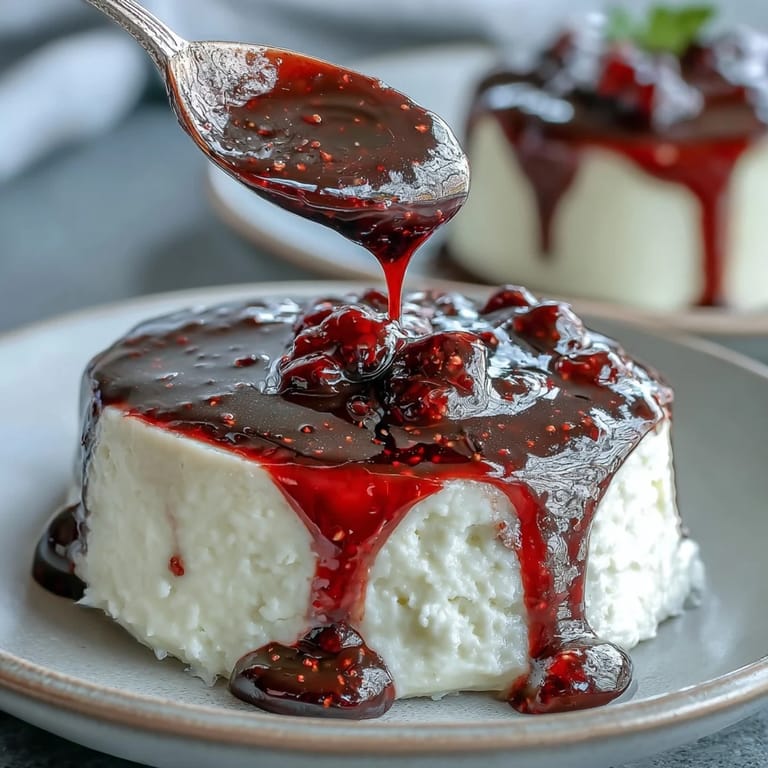 Velvety black currant sauce with deep purple hue, perfect for enhancing panna cotta or vanilla ice cream.