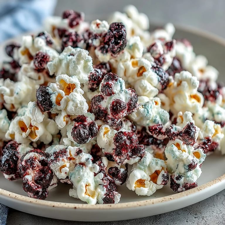 Sweet and savory kettle corn coated in black currant powder and cheesecake essence, served in a rustic bowl.  