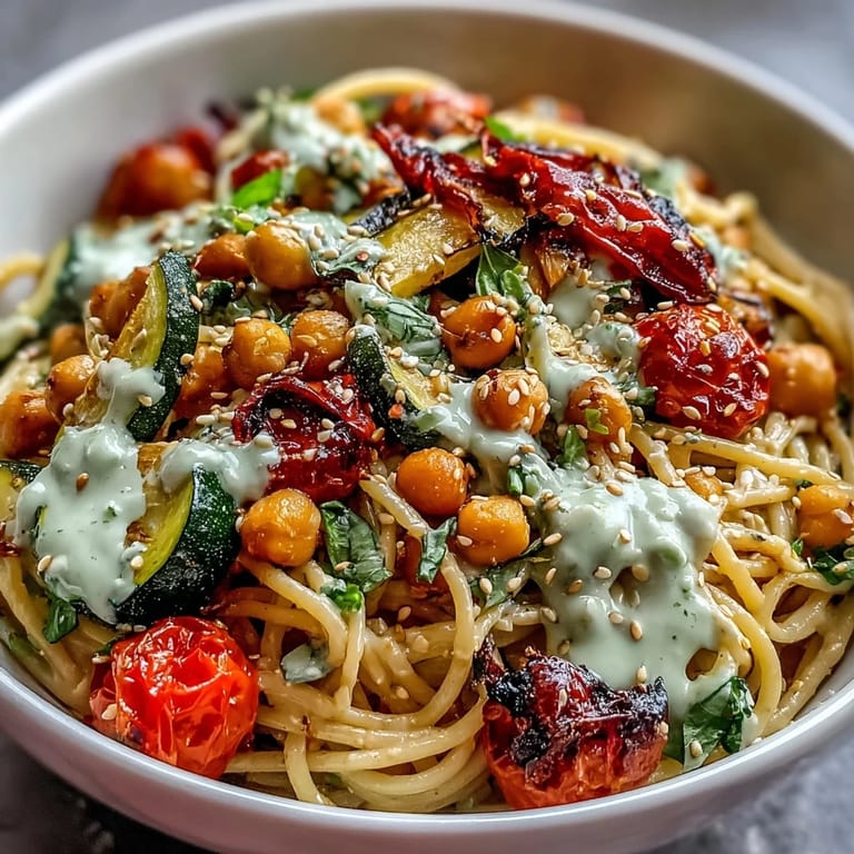 Wholesome plant-based chickpea pasta bowl with roasted cherry tomatoes, onions, and a rich, nutty tahini dressing.