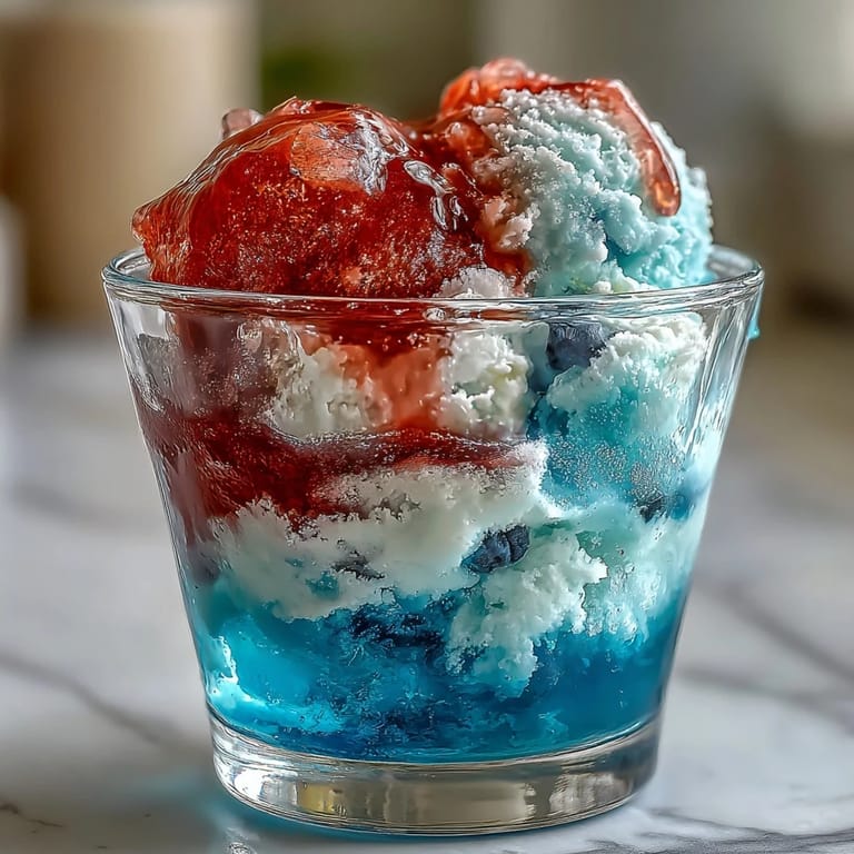 Patriotic Red, White, and Blue Layered Jello Cups: Chilled dessert cups feature distinct layers of strawberry, white gelatin, and blue raspberry Jello, ideal for festive gatherings.