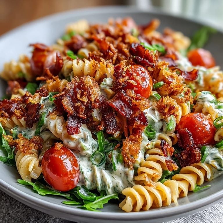 Hearty BLT pasta salad featuring tender pasta, smoky bacon, and ripe avocado, tossed in a tangy lemon dressing for a satisfying meal.