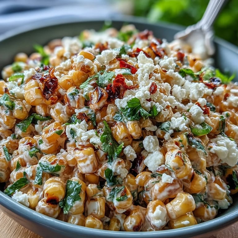 Colorful Mexican Street Corn Salad combines sweet charred corn, creamy dressing, and crumbled cheese for a crowd-pleasing side dish.