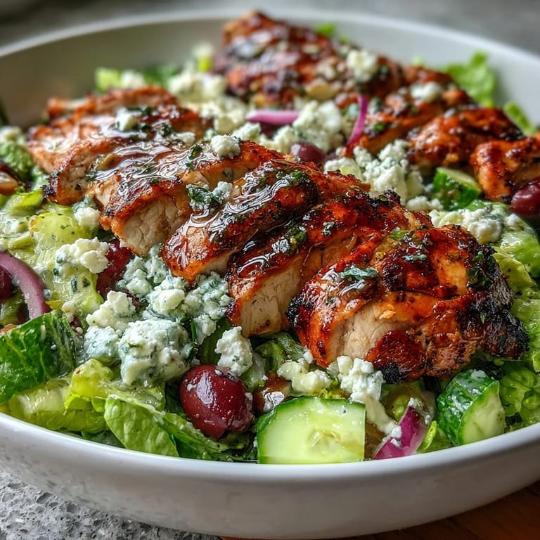 Colorful Greek salad bowl topped with savory grilled chicken, creamy feta, and crunchy vegetables for a delicious, protein-packed lunch.