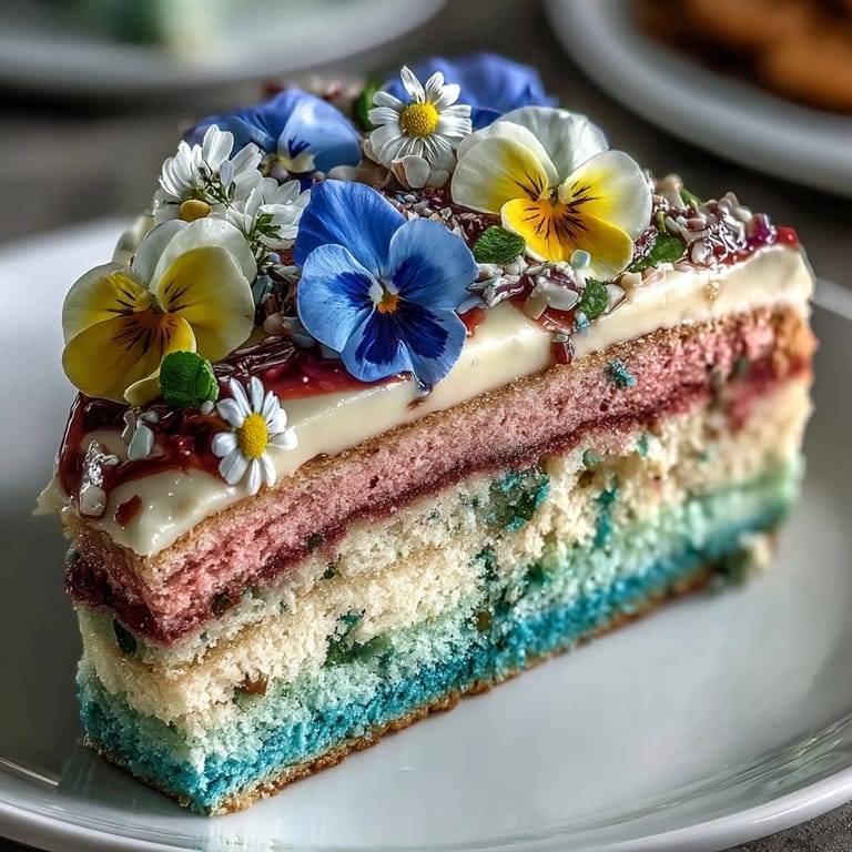 Layered pastel ombre cake featuring smooth buttercream frosting in matching hues, adorned with a vibrant floral arrangement perfect for festive celebrations.