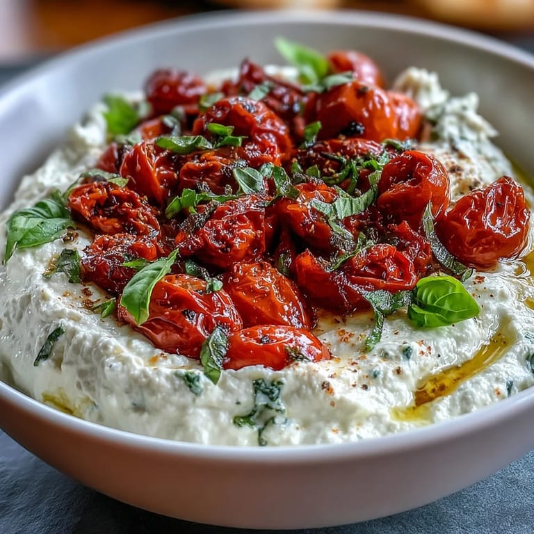 Tangy feta blended with cream cheese, topped with sweet caramelized cherry tomatoes for a Mediterranean appetizer.  