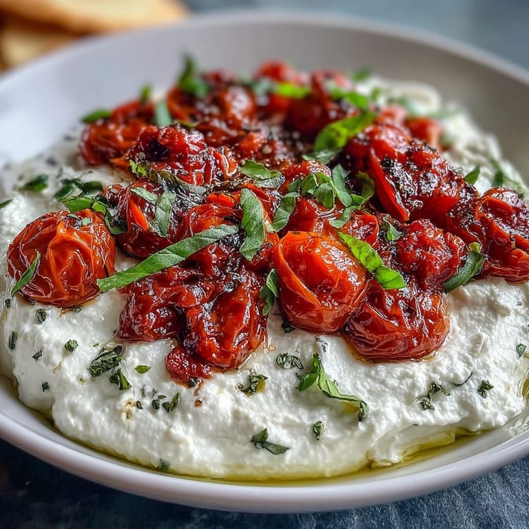 Velvety whipped feta dip served with blistered cherry tomatoes, perfect for scooping with pita bread or crackers.