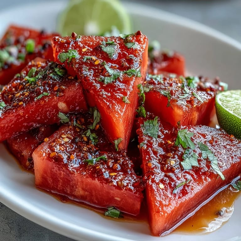 Watermelon wedges dusted with Tajin chili-lime seasoning and fresh lime juice create a vibrant, flavorful summer treat.