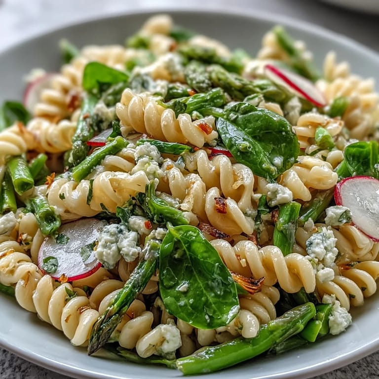 Colorful spring pasta salad with zesty lemon dressing, sliced radishes, and blanched vegetables—ideal for light lunches or gatherings.