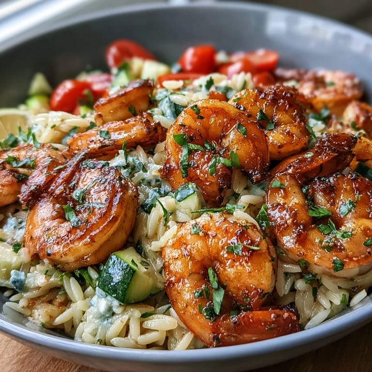 Creamy Lemon Butter Shrimp and Orzo with cherry tomatoes, zucchini, and garlic, all simmered together for a bright Mediterranean-inspired meal.