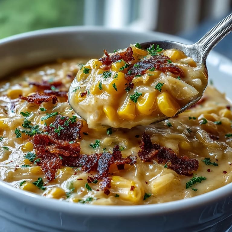 Hearty cabbage corn chowder served in a rustic bowl, garnished with crispy bacon and fresh parsley.  