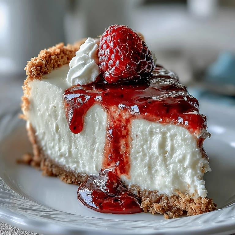Rich, velvety cheesecake filling atop a crisp biscuit base, drizzled with tangy raspberry coulis for a festive Mother's Day treat.  