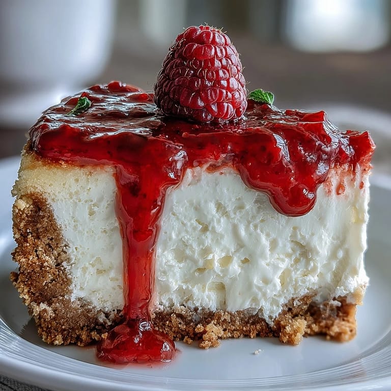 Smooth no-bake cheesecake with homemade raspberry coulis, served chilled with fresh berries for an elegant Mother's Day celebration.