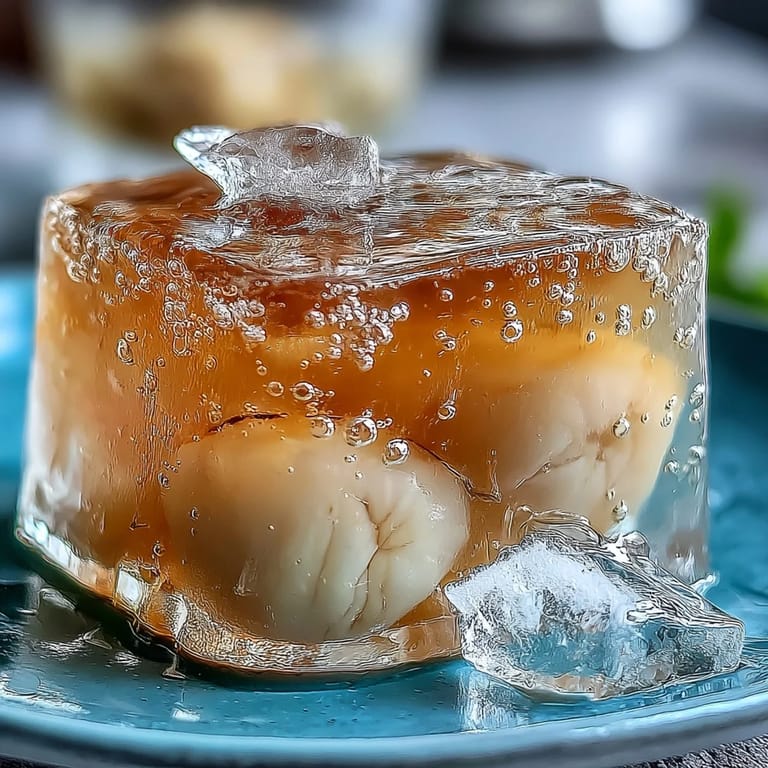 Translucent lychee agar jelly cubes served over chilled sparkling yuzu water, garnished with fresh mint for a light summer treat.
