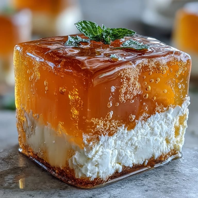 Fragrant mango jelly cubes infused with coconut milk, offering a tropical vegan treat that's both refreshing and visually stunning.