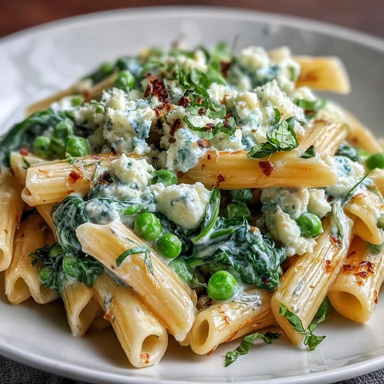Rich and zesty lemon ricotta pasta with tender peas and wilted spinach, served hot from the skillet.
